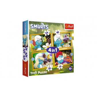 Puzzle 4w1 Życie w wiosce Smerfów 28,5x20,5cm w pudełku 28x28x6cm