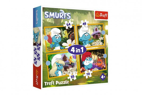 Puzzle 4w1 Życie w wiosce Smerfów 28,5x20,5cm w pudełku 28x28x6cm