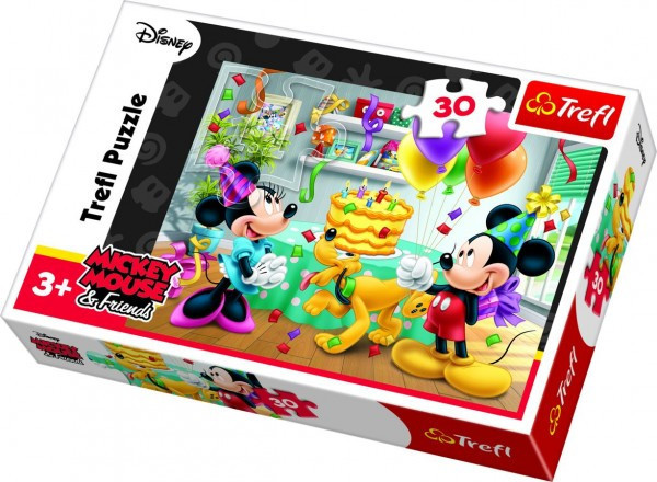 Puzzle Mickey i Minnie świętujące urodziny Disneya 27x20cm 30 sztuk w pudełku 21x14x4cm