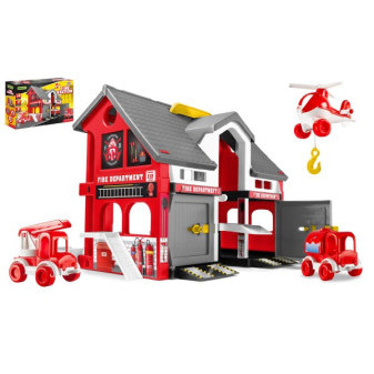 Play House - Plastikowa remiza strażacka + 2 samochody + 1 helikopter w pudełku 59x39x15cm