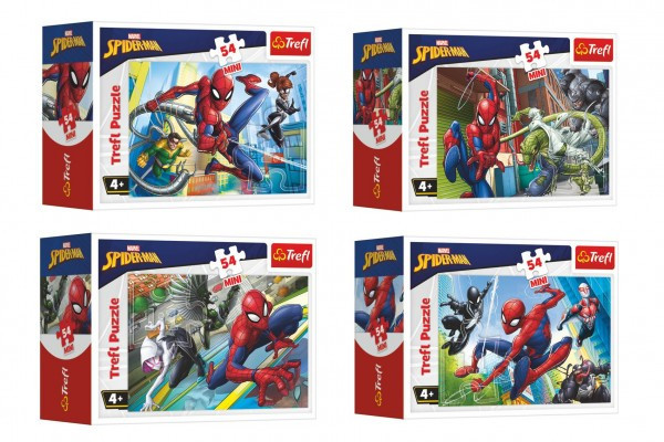 Minipuzzle 54 sztuk Czas Spidermana 4 rodzaje w pudełku 9x6,5x4cm 40 sztuk w pudełku