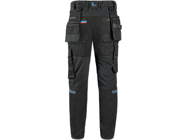 Spodnie CXS LEONIS, męskie, czarne z niebiesko-czerwonymi dodatkami, rozmiar 64