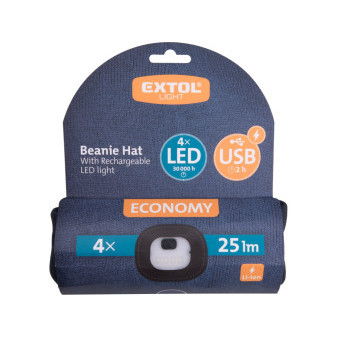 czapka z czołówką 4x25lm, ładowanie USB, kolor granatowy, ECONOMY, rozmiar uniwersalny, 100% akryl