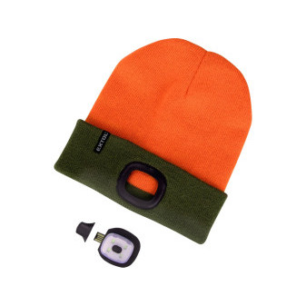 czapka z czołówką 4x45lm, ładowanie USB, fluorescencyjny pomarańczowy/khaki zielony, dwustronna, univer