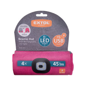 czapka z czołówką 4x45lm, ładowanie USB, jasnoszara/różowa, dwustronna, rozmiar uniwersalny, 7