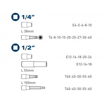 głowica nasadowa i nasadka TORX, zestaw 32 szt., 1/4', 1/2'