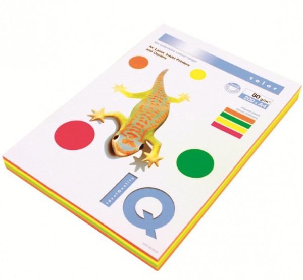 Papier kolorowy IQ - A4, 80g, neon mix kolorów 4 x 50 arkuszy, IQC480/N-RB - wyprzedaż