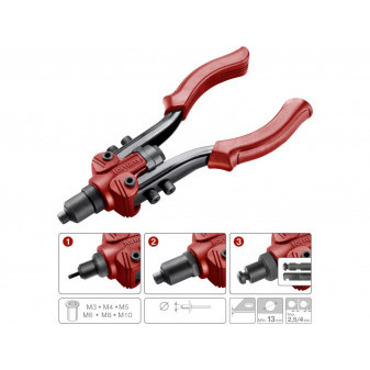 Szczypce do nitowania dźwigniowe COMBO, do nitowania. nakrętki M3-M10 i nity 2,4-6,4 mm