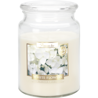 Świeca zapachowa w szklance z pokrywką Białe kwiaty, 500g 100 godzin, SND 99-179