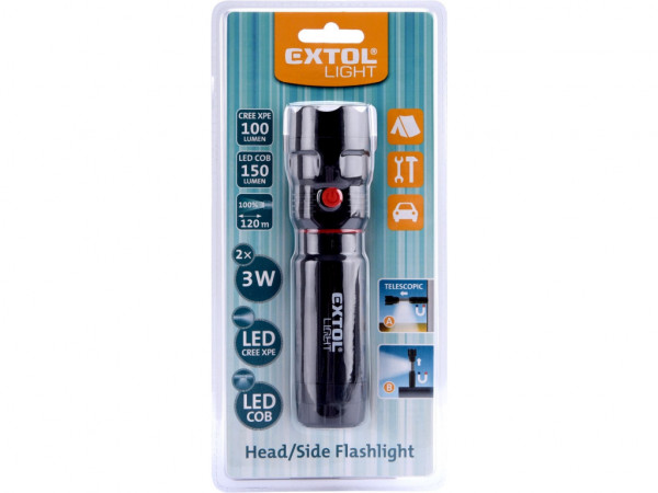 latarka 100lm CREE + 150lm COB z magnesem, CREE 3W XPE LED, 3W COB