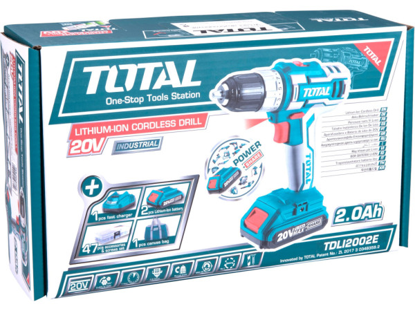 wiertarko-wkrętarka akumulatorowa, 20 V Li-ion (2x), 2000 mAh, w torbie, zestaw 47 szt.