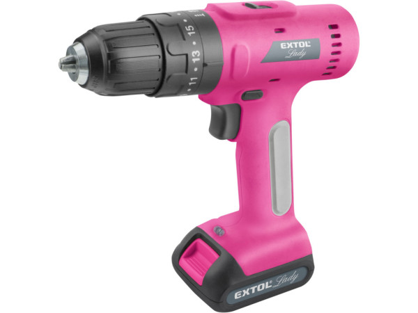 wiertarko-wkrętarka akumulatorowa z udarem, różowa, 12 V Li-ion, 2000 mAh, w walizce narzędziowej, zestaw 27 szt., EXT